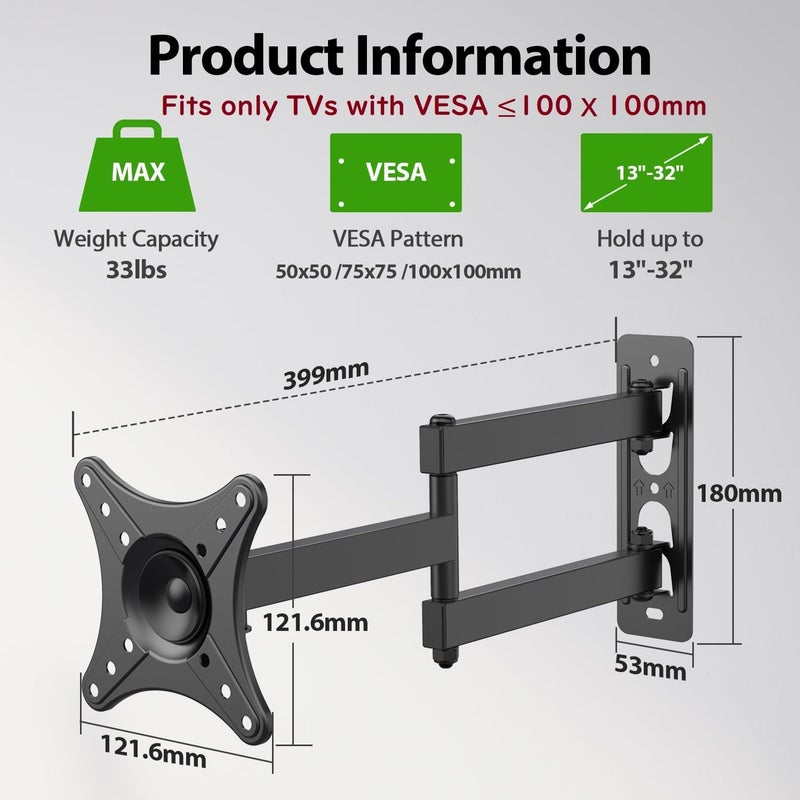USX MOUNT Full Motion TV Wall Mount - Universal Single Stud Corner Bracket for 13-32 inch TVs, Monitor Wall Mount for LCD Monitor Swivel Tilt Rotation Articulating, VESA100x100mm, Up to 33LBS - Image 2